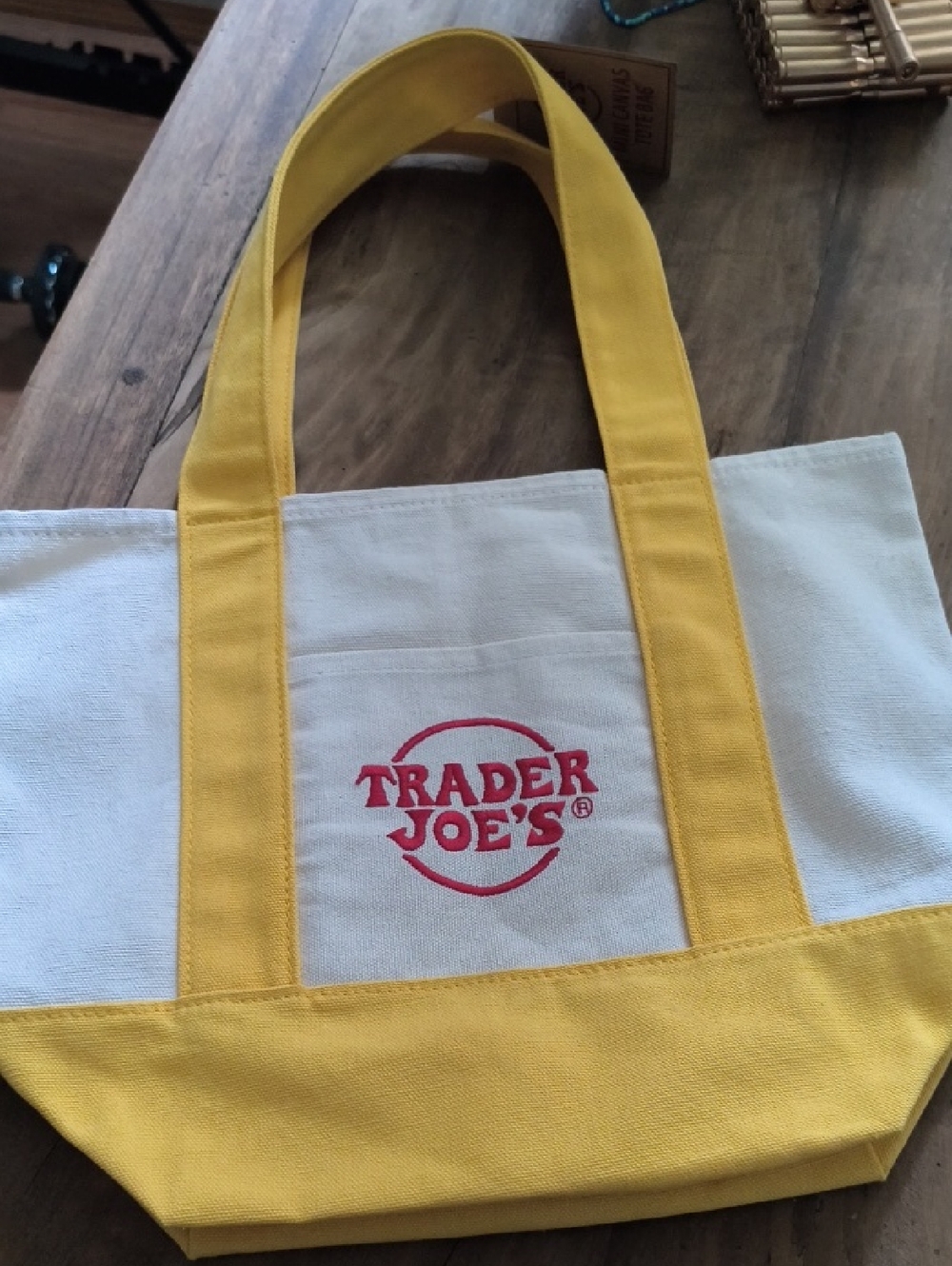 Trader Joe's Yellow & White Canvas Mini Tote Bag